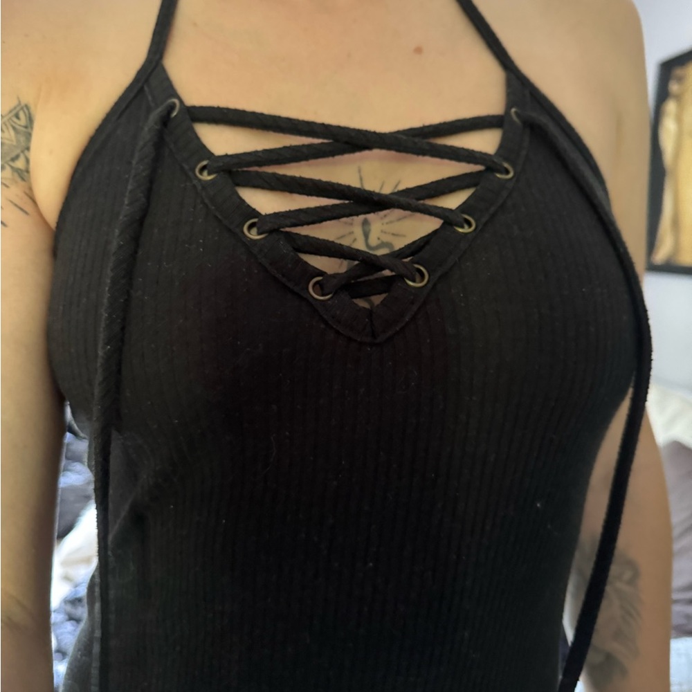 Black Lace-Up Halter Top
